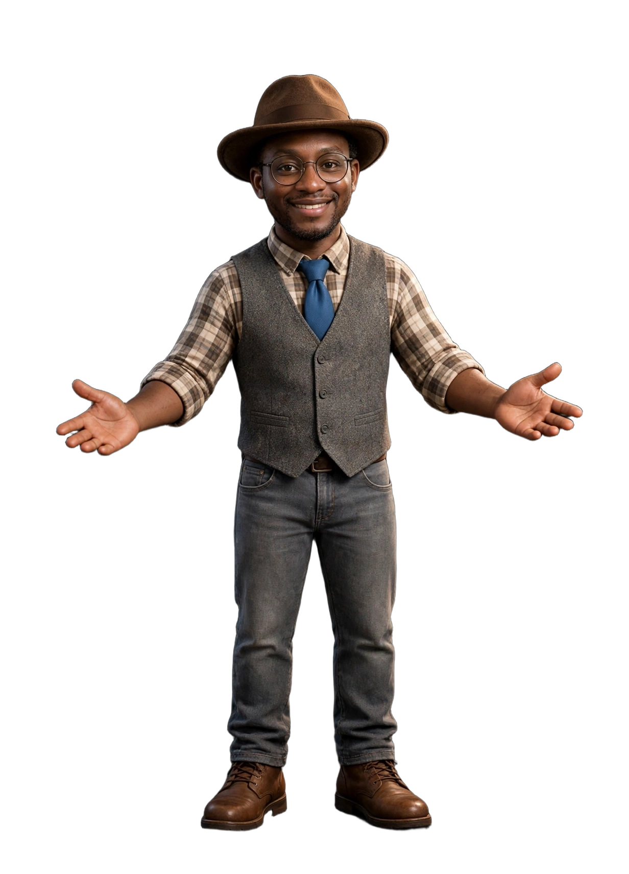Alexander Robertson — full-body 3D avatar in fedora, glasses, vest, and boots